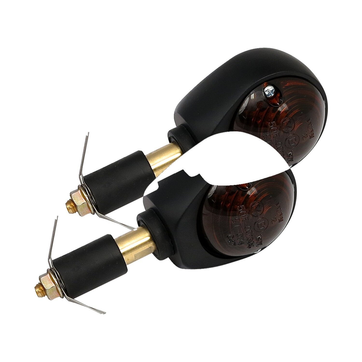 Full size bulls-eye, in-bar turn signals. Black. Smoke lens
