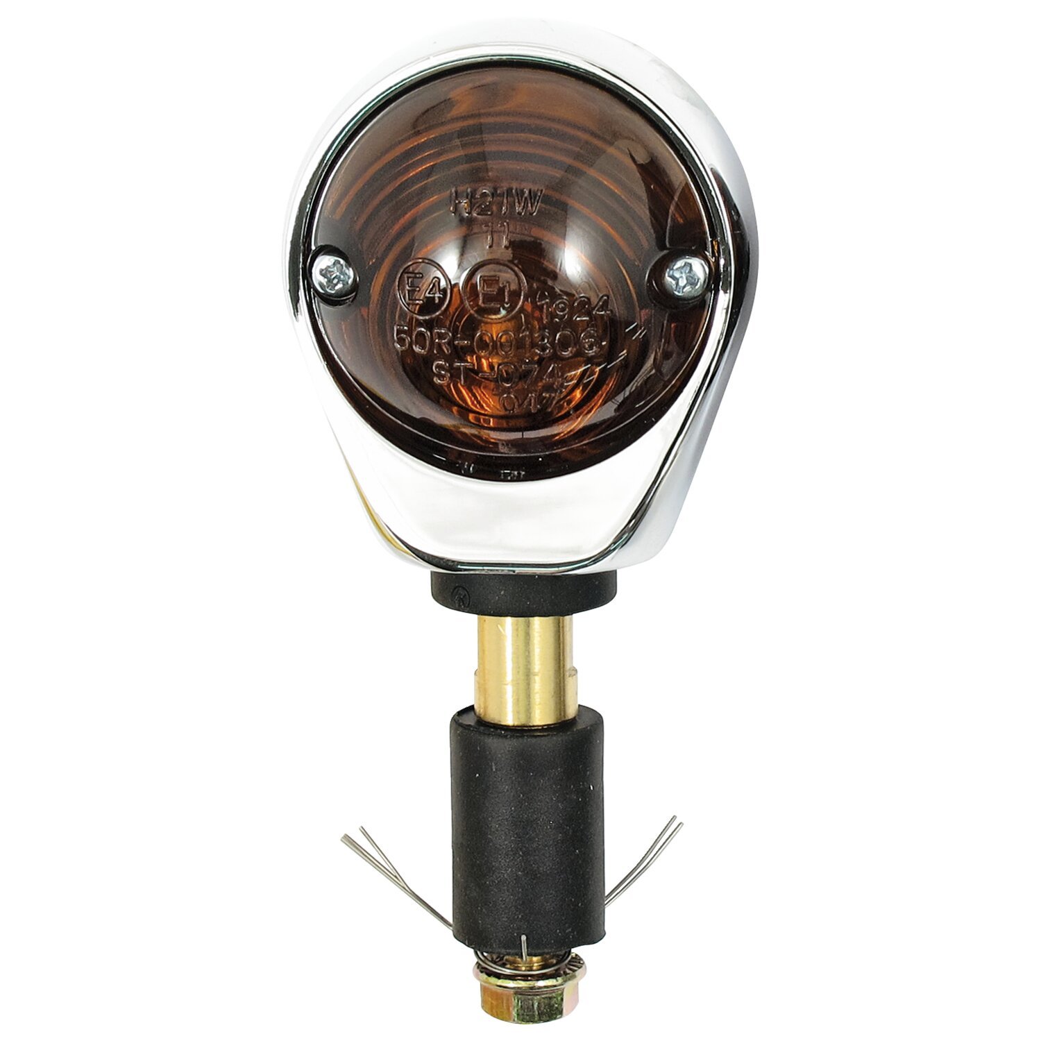 Full size bulls-eye, in-bar turn signals. Chrome. Smoke lens, Gray