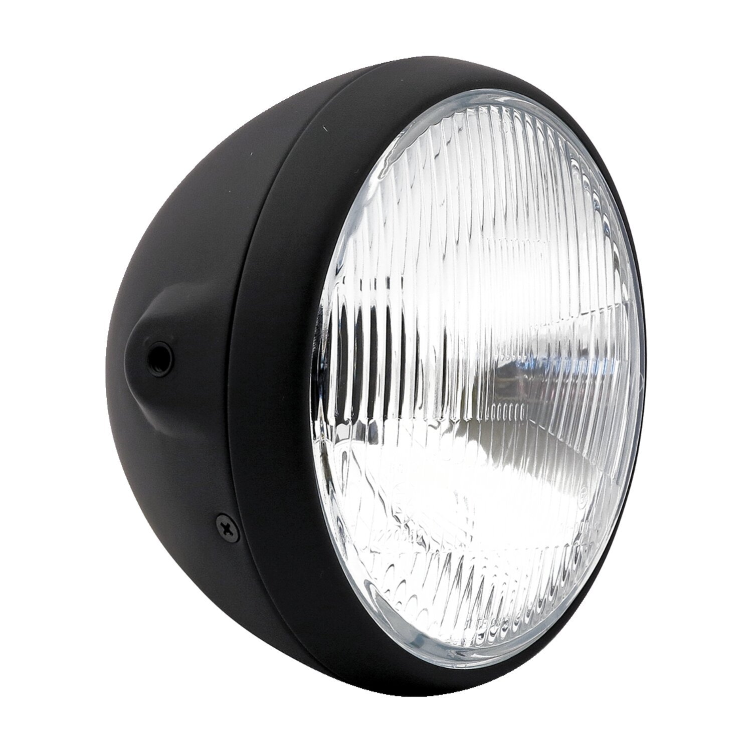 British style 7" H4 headlamp. side mount, Black, Matte