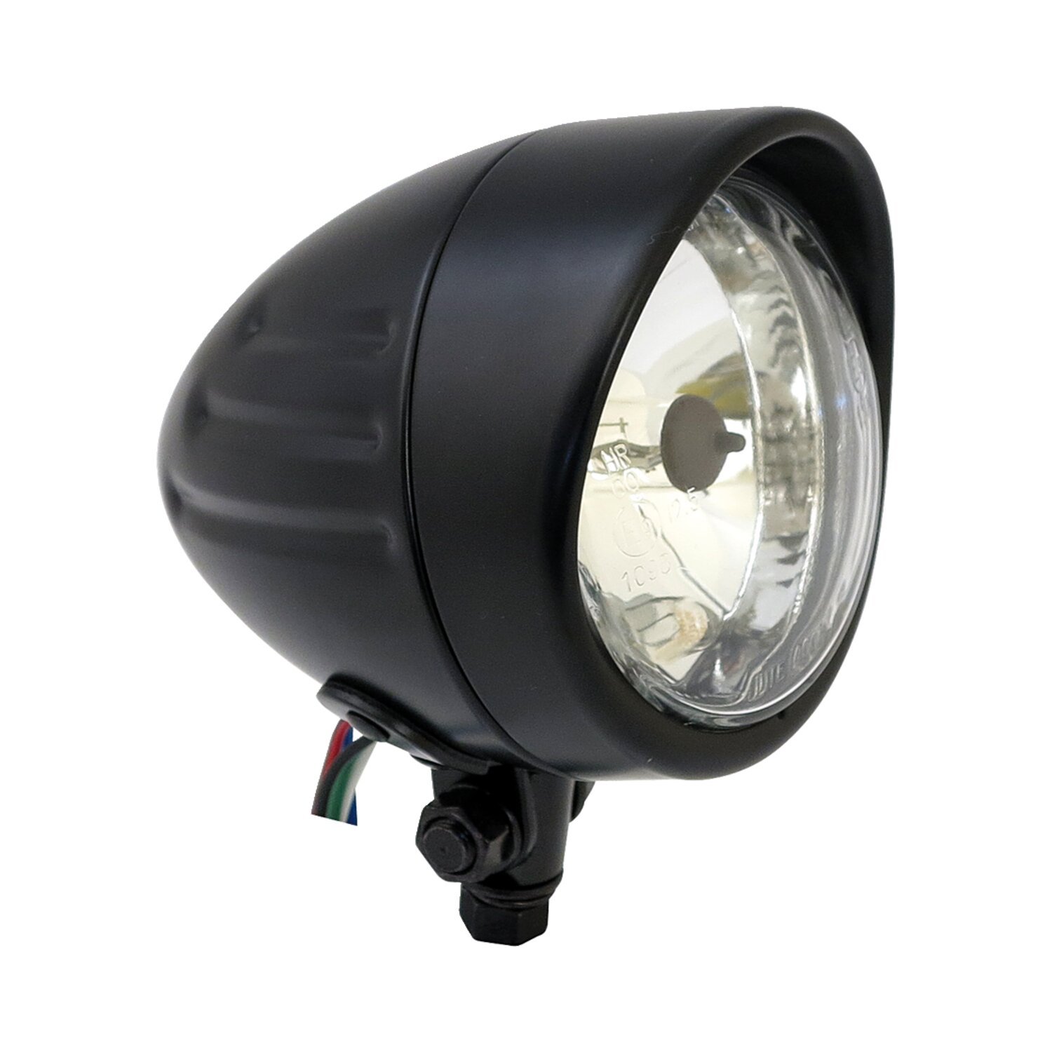 Bullet 4" H4 headlamp. Ribbed & visor, Black