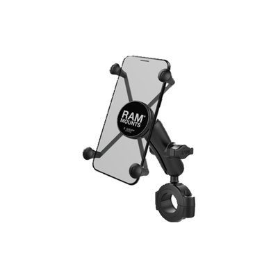 - Large Phone X-Grip
- For phones 1.75" (44.5mm) to 4.5" (114mm) wide and max .875" (22.2mm) deep 
- For 1.125" (28.5 mm) to 1.5" (38.1mm) round bars 
- Medium 3" (76mm) ball to ball socket arm 
- Comes with the X-Grip, a socket arm and a 'Torque' base handlebar clamp mount 
- Holds max. 2 lbs / 907 gram normal use or 1 lbs (454 gram) heavy duty use 
Take your mobile entertainment on the road with the RAM® Torque™ handlebar and rail mounting base. Sizing inserts are included to provide a snug fit and offer additional protection for the rail. The mount utilizes nylon-insert locknuts to prevent loosening in high vibration environments. This low-profile mount is the perfect way to secure your personal electronics and small accessories in any high-vibration environment. The included X-Grip® cradle has a clean and clever four leg design that sports great holding power without hiding your phone behind foam pads and plastic. The spring loaded X-Grip® cradle expands and contracts, allowing for a perfect custom fit of your cell phone. The perfect complement to the modern sleek interior of today's vehicles, the RAM X-Grip® is the cell phone cradle evolved. The X-Grip® includes a device tether recommended for outdoor applications. It is important to verify the dimensions of your handheld device with a case/sleeve/skin when determining the overall size. 
RAM Mounts - The way It Works? A 3-piece system: 1 the mount base, 2 the connecting arm, 3 the device holder. 
- 1 the mount base -
Equipped with RAM's 1" diameter elastomeric hard rubber socket ball. A connection that is easy adjust, slip-free and vibration absorbing. Various mount base options available. 
- 2 socket arm / connecting arm - 
A connecting arm with sockets that grip the rubber balls of the mount base and of the phone holder, effectively connecting both parts while offering virtual infinite tool-free adjustments. 
- 3 Phone holder / X-Grip - 
An innovative spring-loaded system with rubber caps on the 'fingers' that will clamp your phone. The X-Grip phone holder is equipped with RAM's elastomeric hard  rubber socket ball for a slip-free, vibration absorbing mount to the socket arm.