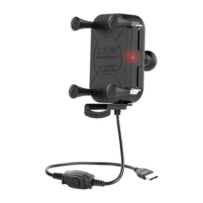 - Phone width: 2.375" (60.3mm) to 3.25" (82.6mm) 
- Max. phone depth: .875" (22.2mm) 
- Max output 10W 
- Compliant: CE, WEEE, RoHS, e-Mark, FCC, IC, RCM 
- Waterproof Qi compatible wireless phone charging cradle with maximum 10W output 
- Input power 5V-2Amp 
- Comes with 1.2 meter USB extension cable, a silicone sleeve for USB waterproof connection 
- Holds max. 2 lbs / 907 gram normal use or 1 lbs (454 gram) heavy duty use 
- Composite / stainless steel construction 
- Includes: (1) Safety Tether, (1) Glue Tube for Rubber Caps, (1) Cradle Leg, (1) Cradle Leg Cover, (1) Silicon sleeve for USB waterproof connection, (1) 1.2 Meter USB Extension Cable|(4) Small zip ties, (2) Large zip ties. 
The RAM Tough-Charge with X-Grip Technology is the world's first patented, universal waterproof wireless charging cradle for phones. Designed with spring-loaded RAM X-Grip Technology, this cradle features an 'X' design that expands and contracts to secure nearly any phone while taking advantage of Qi compatible wireless phone charging. All four arms feature rubber-coated caps that hold your phone firmly in place, and the open design keeps buttons and switches accessible on the sides of phones. To insert your device, simply squeeze the arms on one side of the cradle and place your phone inside before releasing the arms. This Qi compatible wireless charging cradle ensures your compatible phone charges no matter what position it's placed at. For added security and peace of mind, a device tether is included that's recommended for outdoor applications. In addition, a support leg can be adjusted to the ideal position or removed altogether. This RAM Tough-Charge with X-Grip Technology wireless charging kit for vehicles includes a B size diamond base featuring a 1" rubber ball perfect for attaching to your choice of B size RAM double socket arm. The connected Type-A male pigtail connector features an in-line switch that allows you to turn off the wireless charging module when not in use. For in-vehicle charging, attach the pigtail to the included 1.2m Type-A male to Type-A female extension cable.