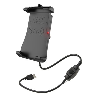 - Max. phone height: 5.625" (142.9mm) to 6.625" (168.3mm) 
- Max phone width: 3.125" (79.4mm) 
- Max phone depth: 0.7" (17.8mm) 
- Max output 10W 
- Compliant: CE, WEEE, RoHS, e-Mark, FCC, IC, RCM 
- Waterproof Qi compatible wireless phone charging cradle with maximum 10W output 
- Input power 5V-2Amp 
- Comes with 1.2 meter USB extension cable, a silicone sleeve for USB waterproof connection 
- Holds max. 2 lbs / 907 gram normal use or 1 lbs (454 gram) heavy duty use 
- Composite / stainless steel construction. 
- Includes: (1) Safety Tether, (1) Silicon sleeve for USB waterproof connection, (1) 1.2 Meter USB Extension Cable, (4) Small zip ties, (2) Large zip ties
The RAM Quick-Grip Wireless is a patented, universal water resistant wireless charging cradle for phones. As part of the spring-loaded RAM Quick-Grip family, this cradle allows for single-handed placement and removal of your phone while taking advantage of Qi compatible wireless phone charging. Both the top and bottom cups feature rubber to help hold your phone firmly in place. To insert your device, use your phone to push the top cup upward and then gently place your device against the cradle for a secure fit. This Qi compatible wireless charging cradle ensures your compatible phone charges as long as it's within the listed compatible dimensions. For added security and peace of mind, a device tether is included that's recommended for outdoor applications. This RAM Quick-Grip Wireless kit for vehicles includes a B size diamond base featuring a 1" rubber ball perfect for attaching to your choice of B size RAM double socket arm. The connected Type-A male pigtail connector features an in-line switch that allows you to turn off the wireless charging module when not in use. For in-vehicle charging, attach the pigtail to the included 1.2m Type-A male to Type-A female extension cable.