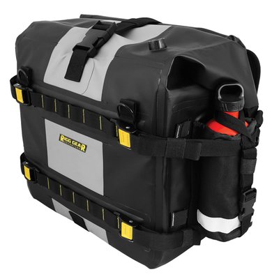 '- 100% waterproof 
- All seams are electronically heat welded 
- Made from waterproof and durable PVC Tarpaulin 
- Watertight roll closure with quick release buckles 
- UV Coated outer material cleans easily and prevents slipping or marking 
- Securely mounts using patented RIGG STRAP® system 
- Removable stiffener allows bag to hold its shape when empty 
- Side bottle pocket large enough to hold 30 oz bottles (Bottles not included) 
- Side MOLLE panel to add other optional accessories 
- Each side is collapsible with compression straps for smaller loads 
- Firm internal back plate helps support bag 
- Replaceable back pad helps protects bags from contact with rack 
- Metal D rings can be used to mount dry roll bag on top 
- Purge valve makes for compression easy 
- Reflective accents for enhanced visibility 
- Includes 2 lightweight saddlebag liners to easily pack contents and remove 
- Easily mounts to most motorcycles with racks 
- Main compartment measures: 15" (38cm) long x 8" (20.3cm) wide x 14" (35.6cm)high 
- Holds approx. 28 liter per side