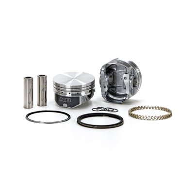 Standard compression. 883-1200 conversion piston set. Compatible with stock unmodified cylinder heads. 9:1 stock compression ratio. Pistons are flat top, .125" below deck height, to achieve a 9:1 CR with a compression height of 1.090". 
Piston weight 310gr. Piston pin diameter .792" and weight 97gr. 
Head type: Flat top / Dome +0.5cc. 
Compression height 1.090". 
Bore 3.498" / Stroke 3.812". 
Rod length 6.926" / Cyl. length 4.650". 
Comes with T6 heat treated 390 Hypereutectic cast pistons with 16% silicone levels which enables running a very tight clearance for longevity and hardly any piston noise. 

Note: Top compression ring will need additional clearance. See instructions. 
Note: 1200cc cylinders must be purchased for 04-up 883 XL models. Stock cylinders liners of 04-up XL models are too thin to bore to 1200 size.