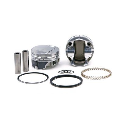 Forged piston set. 9.5:1 CR with 80cc head. 
Piston weight 365gr. 
Piston pin weight 97gr. 
Piston pin dia. .792" / offset. 
Head type: Dome with -8.5cc. 
Compression height 1.375". 
Bore 3.4980". 
Stroke 4.250". 
Rod length 7.440". 
Cyl. length 5.550". 
All KB forged pistons are made from 4032 alloy, a 11% silicon alloy that is formed in a forging press. Forging aluminum gives a superior strength and structural integrity on a molecular level, after which it is fully machined. The combination of this alloy and the forging process allows the piston to flex under detonation, or pre-ignition, giving the best resistance to cracking. Although 4032 has a low expansion rate, it is higher than the cast Hypereutectic. Therefore forged KB pistons will require about .001" wider piston to wall clearance. Pistons are sold as sets, complete with wrist pin retaining rings, wrist pins and piston rings. 

Note; All KB forged pistons come equipped with offset wrist pins / piston pins. There is a front and rear section on the piston and it is necessary to install it in the correct way. Please refer to the installation instructions, as provided with the piston set, prior to installation.