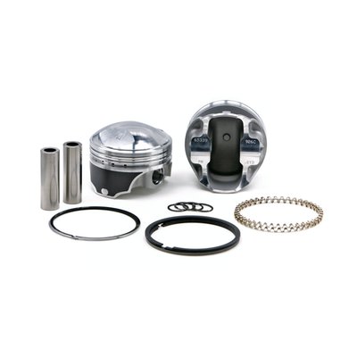 Forged piston set. 9.0:1 CR with 112cc head.
Piston weight 416gr. 
Piston pin weight 97gr. 
Piston pin dia. .791" / offset. 
Head type: Dome with -52.7cc. 
Compression height 1.285". 
Bore 3.498". 
Stroke 4.250". 
Rod length 7.440". 
Cyl. length 5.330". 
All KB forged pistons are made from 4032 alloy, a 11% silicon alloy that is formed in a forging press. Forging aluminum gives a superior strength and structural integrity on a molecular level, after which it is fully machined. The combination of this alloy and the forging process allows the piston to flex under detonation, or pre-ignition, giving the best resistance to cracking. Although 4032 has a low expansion rate, it is higher than the cast Hypereutectic. Therefore forged KB pistons will require about .001" wider piston to wall clearance. Pistons are sold as sets, complete with wrist pin retaining rings, wrist pins and piston rings. 

Note: All KB forged pistons come equipped with offset wrist pins / piston pins. There is a front and rear section on the piston and it is necessary to install it in the correct way. Please refer to the installation instructions, as provided with the piston set, prior to installation.