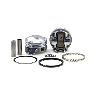Forged 3-5/8 big bore piston set. Used with 3-5/8" big bore cylinders with 5.330" (stock) to 5.530" (+.200") length. Must use 4-1/4" (stock) (88"), 4-1/2" (93'"), 4-5/8" (96") to 4-3/4" (98") stroker flywheels. 
8.50:1 CR with 117cc head, 4.250" stroke & Std. cyl. length. 
9.38:1 CR with 117cc head & 4.750" stroke & Std. cyl. length. 
Piston weight 440gr. 
Piston pin weight 97gr. 
Piston pin dia. .791" / offset. 
Head type: Dome with -42.3cc. 
Compression height 1.285". 
Bore 3.625". 
Stroke 1.250" to 4.750". 
Rod length 7.440". 
Cyl. length 5.530" Std to +.200" higher. 
All KB forged pistons are made from 4032 alloy, a 11% silicon alloy that is formed in a forging press. Forging aluminum gives a superior strength and structural integrity on a molecular level, after which it is fully machined. The combination of this alloy and the forging process allows the piston to flex under detonation, or pre-ignition, giving the best resistance to cracking. Although 4032 has a low expansion rate, it is higher than the cast Hypereutectic. Therefore forged KB pistons will require about .001" wider piston to wall clearance. Pistons are sold as sets, complete with wrist pin retaining rings, wrist pins and piston rings.
Please note that all KB forged pistons come equipped with offset wrist pins / piston pins. There is a front and rear section on the piston and it is necessary to install it in the correct way. Please refer to the installation instructions, as provided with each piston set, prior to installation.

Note: Stock 5.330" cylinders can be used with stock 4-1/4" stroke. Longer strokes require correct length longer cylinders or stroker plates to achieve the desired compression ratio.