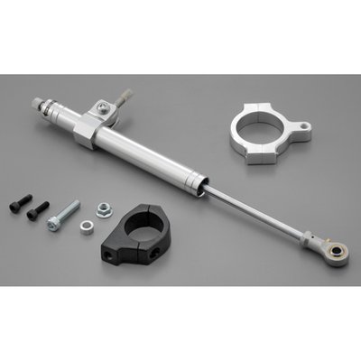 With 49mm fork clamp for 49mm fork tubes.
Quality fork damper to increase your ride's stability. Silver anodized aluminum damper. Includes hardware as shown.
Hydraulic steering stabilizers, or fork dampers, offer damping and can give an increase in high speed stability and ultimately help prevent the dreaded speed wobble. Not just for drag or street racers, but regular riding as well.