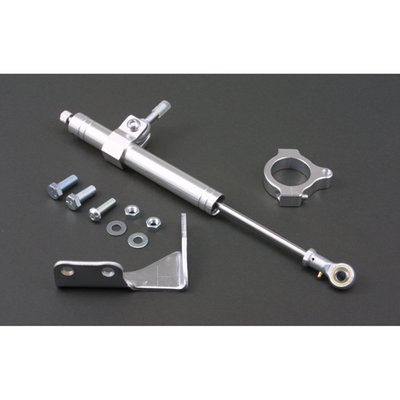 With 39mm fork clamp for 39mm fork tubes.
Quality fork dampers to increase your ride's stability. Silver anodized aluminum dampers. Includes hardware as shown.
Hydraulic steering stabilizers, or fork dampers, offer damping and can give an increase in high speed stability and ultimately help prevent the dreaded speed wobble. Not just for drag or street racers, but regular riding as well.