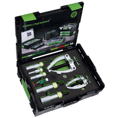 - Used to pull 12mm to 70mm ID ball bearings, bearing outer races and bushings 
- With free-moving, self-retaining jaws with internal spring washer
- The built-in thrust bearing offers reduced friction 
- Complete with a sturdy carrying case 
- Tool set weight: 9.94kg 
- Set includes: 
- 22-1 Counterstay (55mm counter support spread, 120mm reach) 
- 22-2 Counterstay (100mm counter support spread, 165mm reach) 
- 21-1 Internal extractor (5-8mm) 
- 21-2 Internal extractor (14-19mm) 
- 21-3 Internal extractor (18-23mm) 
- 21-4 Internal extractor (20-30mm) 
- 21-5 Internal extractor (28-40mm) 
- 21-6 Internal extractor (35-46mm) 
- 21-7 Internal extractor (45-58mm) 
- 21-8 Internal extractor (56-70mm).  
Note: This set is compatible with Kukko's slide hammer (MCS 951034), which must be purchased separately when required.