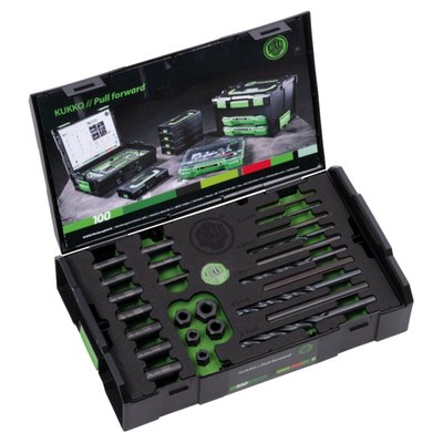Complete bolt removal kit. Used to remove snapped-off bolts or studs from M5 to M16. Comes with correct sized drills, drill guides and bolt extractors. 
- Thread Size: M5 to M16
- Drill diameters: 3.2mm to 8.7mm 
Note: Use with hand tools only. 
