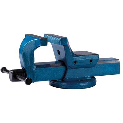 Forged steel. Smooth running all steel professional workbench swivel vise for professional work-piece clamping, with built-in anvil. 
- Build Series: 520 
- Material: Forged steel 
- Color: Blue 
- Jaw width: 125mm 
- Jaw spread: 150mm 
- Weight: 10.320kg. 
Note: See 951160 for the optional rotating plate to give the vice 360° rotating adjustability.