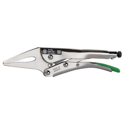 Long nose grip pliers, also know as 'vice grip' or 'mole grip' pliers, are the perfect tool for gripping a part in deeper and confined spaces. 
- Overall length: 230mm 
- Design: Langbeck / Longnose 
- Span of the parallel screw clamp: 55mm 
- Weight: 0.380kg