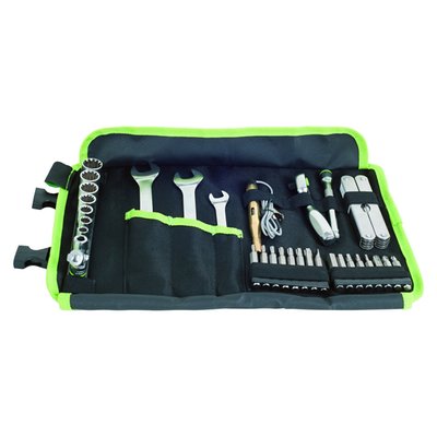 32-piece set. Your reliable compagnion for short or long trips. 24/7 ready to solve most technical issues or maintenance while on a trip, or at home. Metric sizes. 
- Open end wrench sizes: 8x10 / 12x13 / 14x15 
- 12-point sockets with 1/4" drive: 6 / 7 / 8 / 10 / 12 / 13 / 14mm 
- 1/4" drive swivel joint 
- Bit holder: 1/4" drive 
- Rachet: 1/4" drive with 60 teeth 
- Extension: 100mm 
- 1/4" 50mm long bits: 16 pieces 
- Volt test light: 6 to 24 Volt 
- Multitool 
- Textile roll bag 
- Weight: 1.1kg