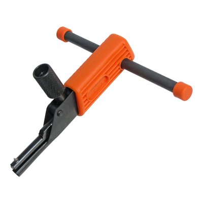Hand tool used to restore up to 60% damaged threads on internal threaded parts. Comes with special hardened HSS tool steel blade. The cutting blade is extended or retracted by rotating the serrated knob. After retracting the blade and inserting the tool, the knob is rotated to extend the cutter into an undamaged part of the threads. Automatically adjusts to the thread pitch since the blade is guided by chasing undamaged sections of the threads. The yellow nylon is used to counteract the forces of the cutting blade and prevent rubbing damage to the internal threads. Compatible with M8 to M11 or 5/16" to 7/16" diameter threads. 
- Auto guided by existing threads 
- Removes rust and burrs 
- Automatically chases good threads to repair / re-groove damaged sections 
- Hand tool 
- Hardened HSS tool steel cutting blades 
- For any thread diameter, inch or metric from M8 to M11 or 5/16" to 7/16" 
- For any pitch 
- For right or left-hand threads