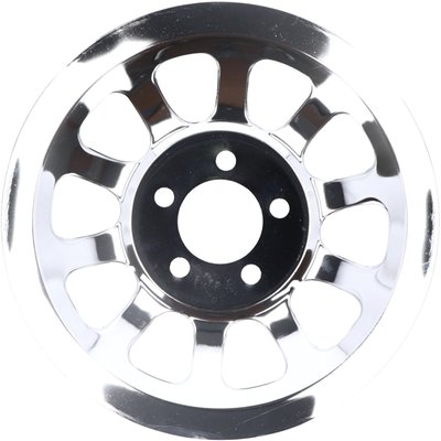 Chrome plated steel. OEM style 10-spoke design. Fully covers the OEM rear wheel pulley on the outside. Gives the pulley that full-chrome appearance.