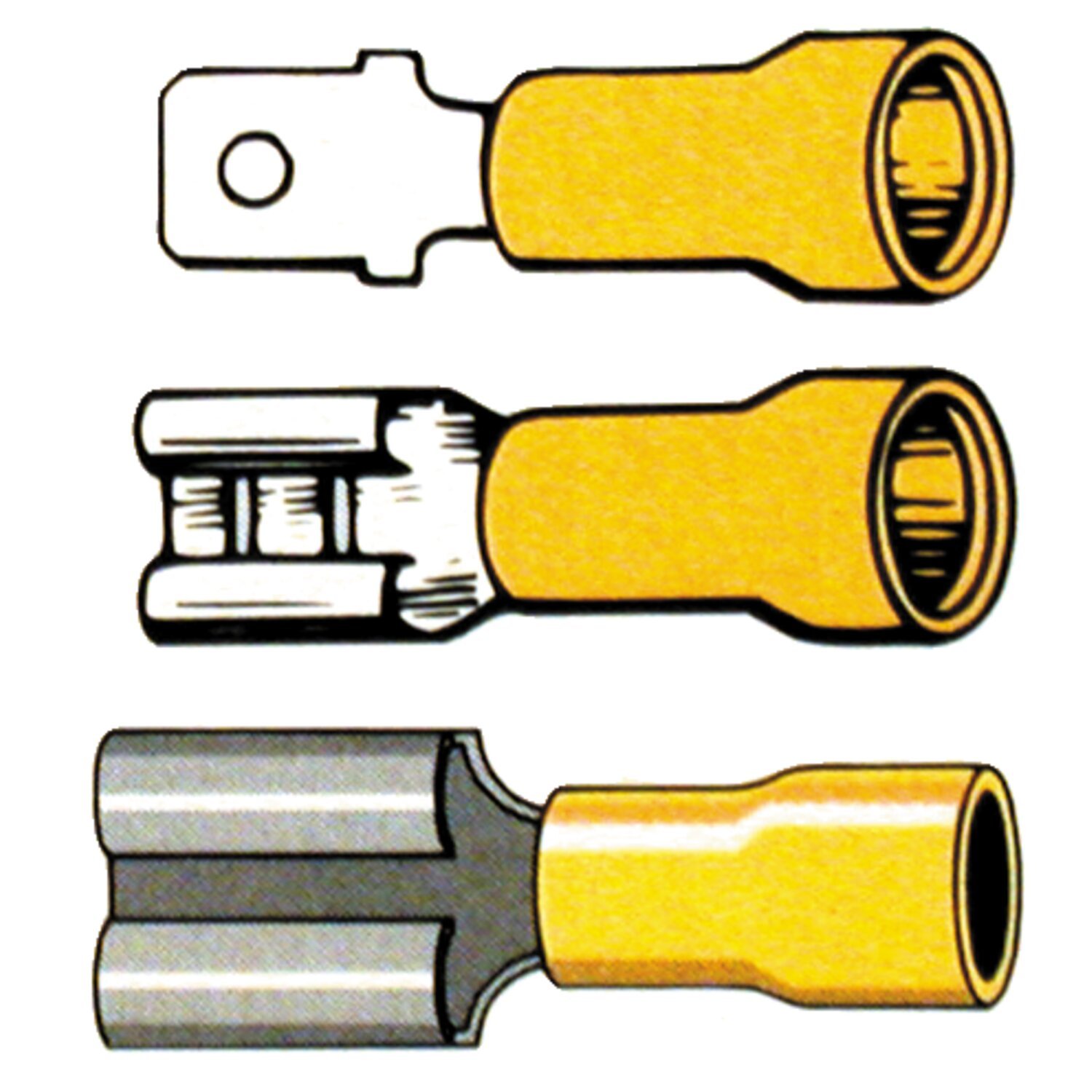 Connectors, slide-on terminal PVC, crimp. Yellow 1/4" male