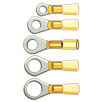 Ring terminal stud diameter: #10 (4.8mm).
Self soldering universal connection with heat shrink tubing. Just heat it up & it's ready. No crimping required. Strong, durable, vibration resistant and absolutely weather proof.
Yellow is for 12-10 gauge (2.5 to 6mm² or 2.05 to 2.59mm diameter) wiring.