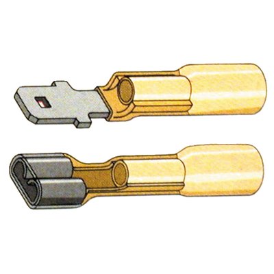 Slide-on terminal: 1/4" (6.35mm) male insulated.
Self soldering universal connection with heat shrink tubing. Just heat it up & it's ready. No crimping required. Strong, durable, vibration resistant and absolutely weather proof.
Yellow is for 12-10 gauge (2.5 to 6mm² or 2.05 to 2.59mm diameter) wiring.