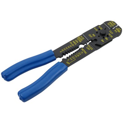8" (20cm) long multi-functional crimping tool. Cuts wire, strips wire, crimps terminals. Special crimping nest for 7mm ignition wire terminals. Strips 22 gauge (0.33mm² / ø0.64mm) to 10 gauge (5.3mm² / ø2.6mm) wires.