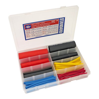 43 piece kit with thin wall and dual wall polyolethin shrink tubing with a 2 to 1 and 3 to 1 shrink ratios. In lengths of 6" (15.2cm). Includes 2x red + 2x black 2-4/0 gauge, 2x red + 2x black 8-1 gauge, 6x black 8-2 gauge, 10x yellow 12-10 gauge, 10x blue 16-14 gauge and 10x red 20-18 gauge.
Note: For re-fill packs see:
951812 - 2x red 2-4/0 gauge.
951813 - 2x black 2-4/0 gauge.
951814 - 2x red 8-1 gauge.
951815 - 2x black 8-1 gauge.
951816 - 6x black 8-2 gauge.
951817 - 10x yellow 12-10 gauge.
951818 - 10x blue 16-14 gauge.