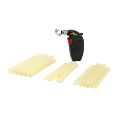 31 piece kit, dual wall with waterproof sealant. Includes 3/16" (4.8mm), 5/16" (7.9mm) and 1/2" (12.7mm) diameters. (Shrinks 2.5 times in diameter. Temp. range -55°C to +110°C. Includes flameless heat torch in which a regular disposable cigarette lighter can be installed as gas-source.
Note: The required disposable lighter, for use in the flameless torch, is not included.
Note: Diameters given are inside tubing.
Note: For re-fill packs see:
951820 - 10x 3/16" (4.8mm) dual wall, 6" long
951821 - 10x 5/16" (7.9mm) dual wall, 6" long
951822 - 10x 1/2" (12.7mm) dual wall, 6" long