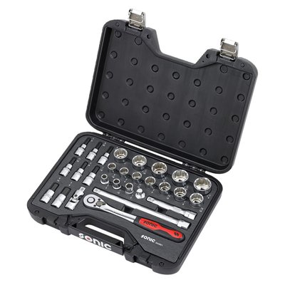 28-piece set. 1/2" drive. Includes ratchet, accessories, sockets, deep sockets and bit sockets.
Kit includes:
- 8x Hex bit sockets: 1/4" to 5/8"
- 15x 12-point socket: 3/8" to 1-1/4"
- 1x Swivel joint
- 1x Adapter: 1/2" (male) to 3/8" (female)
- 2x extension: 125, 250mm
- 1x ratchet: 262mm long
- Packed in a Blow Mold Storage Case
- Dimensions: 400mm wide x 298mm deep x 85mm high
- Weight: 4.7kg