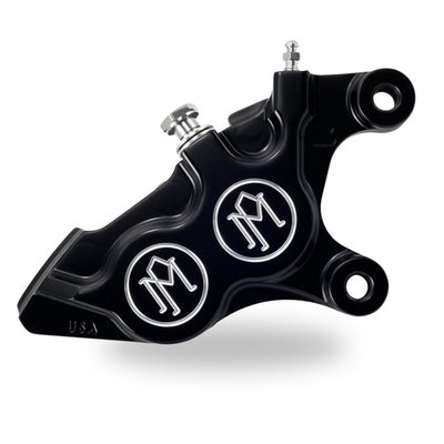 - Black anodized with a Contrast Cut machined finish
- CNC machined billet aluminum
- Direct bolt-on the front fork, no brackets required
- For rear use bracket must be purchased separately for 00-17 Touring and 02-17 V-Rod
- Designed for 11.5" & 300mm brake rotors, depending on bracket used
- ABS and Non-ABS compatible
- 137x4B
- 4-piston differential bore
- Proudly machined with the PM icon logo
- Designed to slow down fast, without flexing.
Note: Fits rear 02-17 V-Rod and 00-17 Touring with correct bracket, see catalog for bracket.
Note: 952627 brake line kit is required for 00-08 FLT/Touring models.
Note: Custom brake line kit is required for V-Rod models.
Note: Will fit PM PhatRod wide tire kit for V-Rod.
Performance Machine has been in the forefront of brake caliper design, ever since 1982. Each caliper and bracket is precision CNC machined from billet aluminum to a high-end performance product that combines lightweight, flex resistance and durability in a hard to beat styling. Available in various coatings to suit your taste.