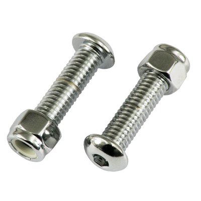 Chrome plated steel. 
Includes two button head bolts and lock nuts. 
Used to install Contour, Moto, Tracker, Chrono, Traction and many other foot pegs with traditional H-D male mount. 