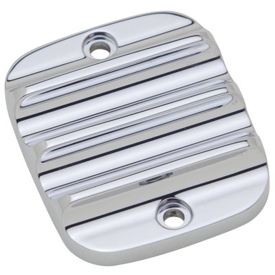 Front brake master cylinder cover in CNC machined billet aluminum with a chrome finish.