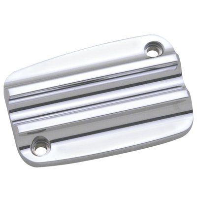 Front brake master cylinder cover in CNC machined billet aluminum with a chrome finish.
