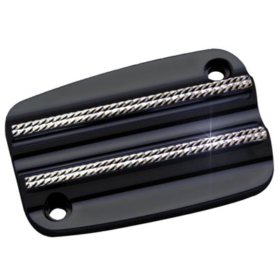 Front brake master cylinder cover in CNC machined billet aluminum with a black anodized with a diamond edge finish.