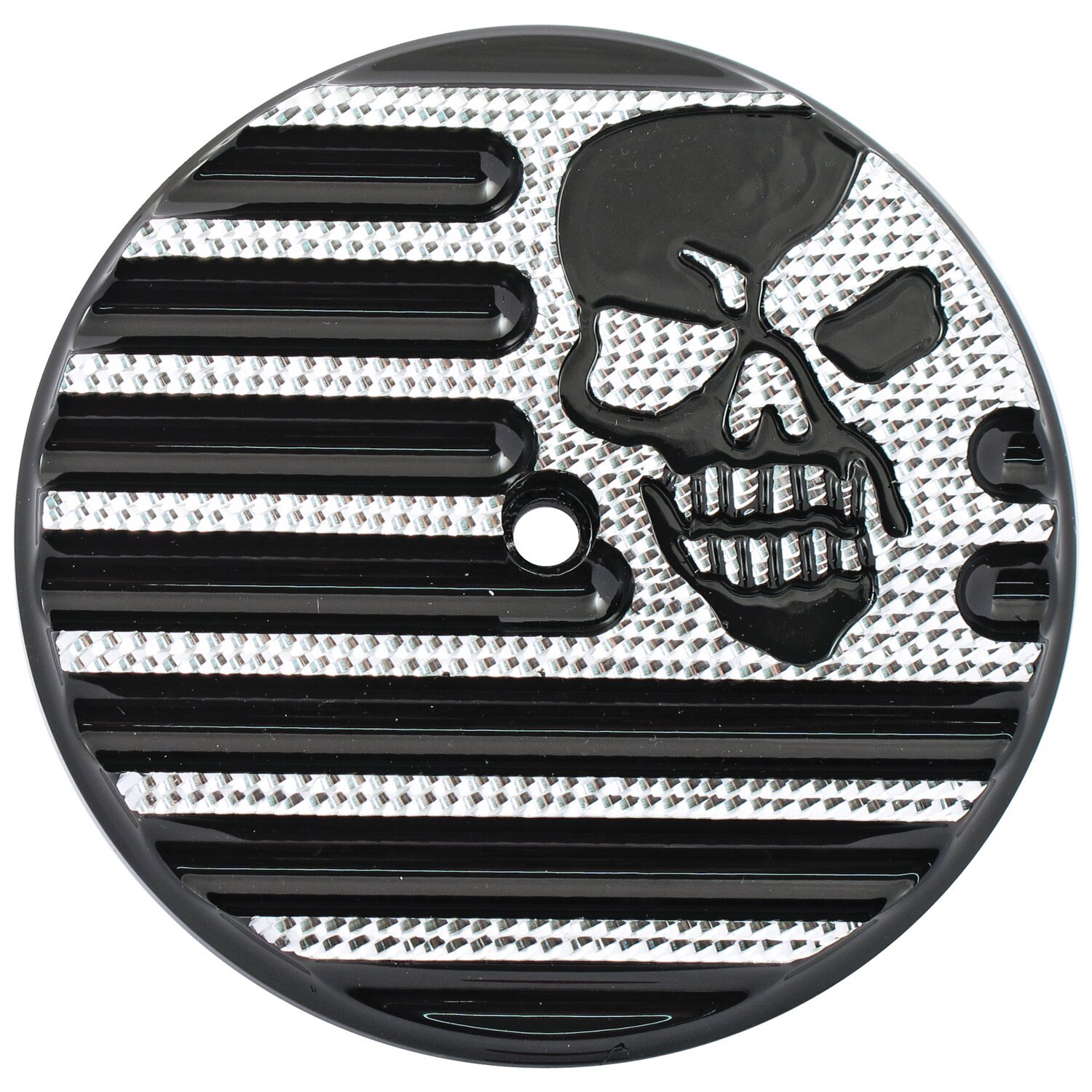 Covingtons, finned air cleaner cover insert. Skull, diamond, Black, Polished