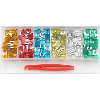 121-pieces. Includes mini auto blade fuses (housing dimensions approx. 8.5mm high x 11mm wide), complete with a special fuse puller tool. This is the most used fuse on 90's up motorcycles. Complete assortment box to cover most motorcycle applications.  
Includes:
- 1x fuse puller tool  
- 20x 5A 
- 20x 10A 
- 20x 15A 
- 20x 20A 
- 20x 25A 
- 20x 30A 
Box dimensions: 
- Height: 30mm 
- Length: 210mm 
- Width: 110mm 
- Weight: 180 grams