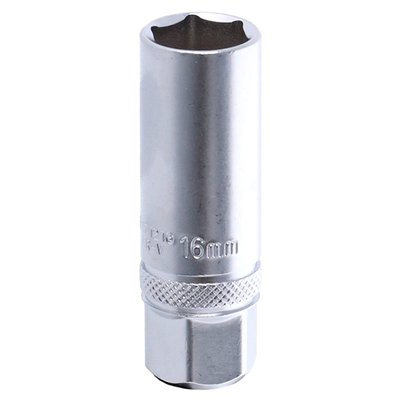 3/8" drive. Does not have a clip on the inside to hold the spark plug for installing and removing in deep and hard to reach spaces. 
- 3/8" drive 
- Outside Diameter: 22mm 
- Length: 65mm 
- Material: Chrome vanadium