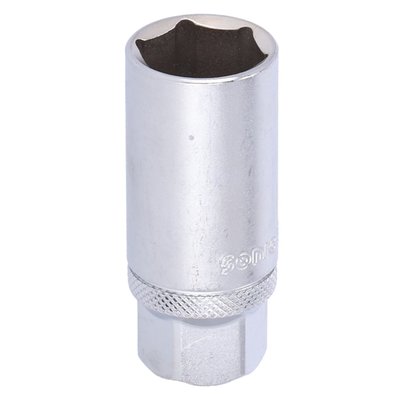 3/8" drive. Does not have a clip on the inside to hold the spark plug for installing and removing in deep and hard to reach spaces. 
- 3/8" drive 
- Outside Diameter: 28mm 
- Length: 65mm 
- Material: Chrome Vanadium