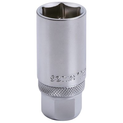 3/8" drive. Comes with a metal clip on the inside to hold the spark plug for installing and removing in deep and hard to reach spaces. 
- 3/8" drive 
- Outside Diameter: 28mm 
- Length: 65mm 
- Material: Chrome Vanadium