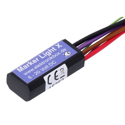 This module is used to automatically switch off a light, like a marker light or turn signal daylight running light (DRL), for better visibility of the turn signal during daytime. The module is very small and can be installed almost anywhere, including inside most handlebars. The module can also be used to cancel the marker/running light function of the turn signals. 
- Dimensions: 38 mm x 16 mm x 11 mm 
- Body material: ABS with waterproof poured 2k epoxy resin 
- Input voltage range: 7 - 18 Volt 
- Connections: Inputs 0.14 mm², Outputs 0.75 qmm 
- Maximum current: 5 Ampere per output 
- Maximum ambient temperature: 80 degree Celsius