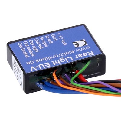 The Rear Light EU-V is a conversion module for vintage bikes without hazard light / emergency flasher function. It converts the two signals from the original turn signal/brake light combination into four separate outputs for upto 2 (parallel) brake lights/taillights and turn signals. A conversion of an imported US bike to the EU regulations can be done much quicker and more economical. With the brakelight dim function, the brakelight is dimmed to 30 % brightness, only when the brake is not activated. A brakelight flasher function can optionally be activated to show a 3x fast warning flash before it stays lit.
- Dimensions: 40 mm x 25 mm x 12,5 mm
- Body material: ABS with waterproof poured 2k epoxy resin
- Input voltage range: 7 - 18 Volt
- Connections: Inputs 0,14 mm², Outputs 0,5 qmm
- Output power: Max. 50 Watt / Output
- Maximum ambient temperature: 80 degree Celsius