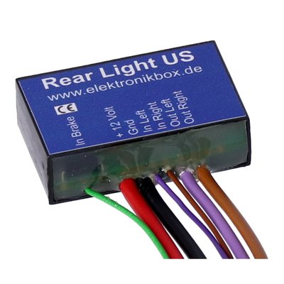 Used to change an EU taillight to US requirements, used when exporting to the US. Most US bikes have a combined taillight/brakelight, where the taillight bulb shines brighter when the brake is applied. The 'Rear Light US' is a micro-controller based module that converts the three signals from separate turn signals and 1 taillight/brakelight into two outputs for a taillight/brake/turn signal combination set-up. For converting an EU-bike to the regulations of the US-market, the Rear Light US is the perfect choice.
- Dimensions: 40 mm x 25 mm x 12,5 mm
- Body material: ABS with waterproof poured 2k epoxy resin
- Input voltage range: 7 - 18 Volt
- Connections: Inputs 0.14 mm², Outputs 0.75 qmm
- Output power: Max. 21 Watt / Output
- Maximum ambient temperature: 80 degree Celsius