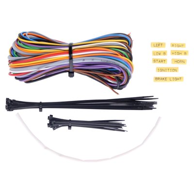 This set is composed of all wiring required to enable a bike builder to construct his own professional wiring harness (excl. connectors) for a bike with a electronic box / brain box. Comes with the right colors, lengths and diameters. 
Includes: 
- Control wire 6 x 0.14 qmm. shielded with 4.9 mm diameter: 2m 
- Black. 0.14 qmm for the ground connections in the handlebar: 2m 
- Red. 1.5 qmm for the switched 12 Volt power connection: 2m 
- Black 1.5 qmm for a good ground connection at the bike: 3m 
- Brown 0.75 qmm for flasher right: 3m 
- Violet 0.75 qmm for flasher left: 3m 
- Orange 0.75 qmm: 2m 
- White 0.75 qmm: 2m 
- Gray 0.75 qmm: 2m 
- Yellow 0.75 qmm: 2m 
- Green 0.75 qmm: 2m 
- Blue 0.75 qmm: 2m 
- Shrink tube. lettered approx. 2cm long: 8x 
- Shrink tube. 30cm: 1x 
- Cable ties small. black color: 15x 
- Cable ties long. black color: 15x