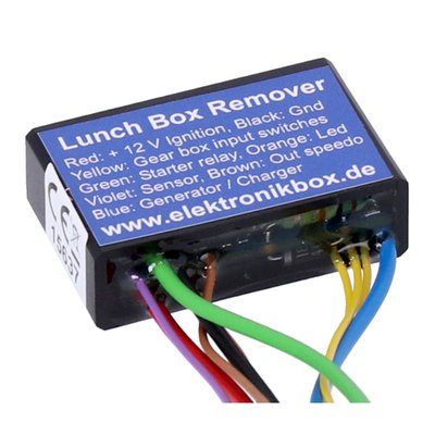 This module is used to simplify removal of the standard "lunchbox" speedometer instrument and its original bulky harness. The Lunchbox Remover module has an integrated neutral switch control with an output for the starter relay and the neutral indicator LED. A virtual load resistor for the charging system is built-in and the signal from the speed sensor is boosted from 0.2 Volt to 8 Volt to for compatibility with most aftermarket speedometers for your bike. 
- Dimensions: 41 mm length x 26 mm wide x 12,5 mm height 
- Body material: Shock resistant ABS plastic, waterproof poured raisin 
- Case color: Black 
- Connections: 0.14 qmm, 20 cm 
- Maximum ambient temperature: 80 degree Celsius 
- Input voltage range: 7 - 18 Volt