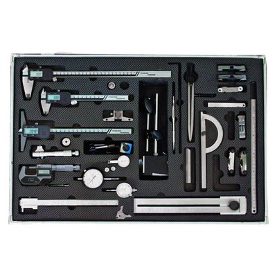 Elaborate measuring tool set. 
Perfect as equipment for workshop or exhibition set. 
Packed in sturdy aluminum case with carrying handle. 
Case insert is made of padded cellular material, form-cut for the measuring tools. 
Case will keep tools well organized and protected. 
Includes: 
- Aluminium case, 69cm wide x 46cm high x 12cm deep
- Digital caliper 300 mm 
- Caliper 300 mm 
- Digital caliper 150 mm 
- Depth base 75 mm 
- Small univ. dial support 
- Digital depth caliper 200 mm 
- Depth caliper stainless 200 mm 
- Univ. test indicator 0.8 mm x 0.01 mm 
- Inside micrometer 5 - 30 mm 
- Digital micrometer 0 - 25 mm 
- 0 - 25 mm Micrometer 0 - 25 mm 
- Dial indicator 10 mm x 0.01 mm 
- Marking vernier caliper 200 mm 
- Small dial indicator Ø 40 mm, 5 x 0.01 mm 
- Magnetic Dial support, 280 mm, 60 kg 
- Carbide scribe 150 mm 
- Scribe 250 mm, double points 
- Knife edge straight edge 100 mm 
- Steel marking gauge 200 mm 
- Stainless steel ruler 300 x 13 x 0.5 mm 
- Positioning square with beveled edge 100 x 70 mm 
- Jet gauges, 16 pcs/set, 1.5 - 3 mm 
- Jet gauges, 20 pcs/set, 0.45 - 1.50 mm 
- Screw pitch gauges, 24pcs/set, 0.25 - 6 mm 
- Screw pitch gauges, 58pcs/set, 0.25 - 28 mm 
- Protractor 150 x 120 mm 
- Feeler gauges, 20 pcs/set, 0.05 - 1.00 mm 
- Radius gauges, 17 pcs/set, 1.0 - 7.0 mm 
- Radius gauges, 16 pcs/set, 7.5 - 15.0 mm 
- Weight case (filled): 9.6kg