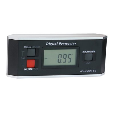 Digital protractor with digital LCD display. 
- housing: aluminum 
- absolute zero level remains in system 
- range: 4 x 90° 
- scale: 0.1° 
- accuracy 0.2° to 15°, 0.5° from 15° - 90° 
- in case