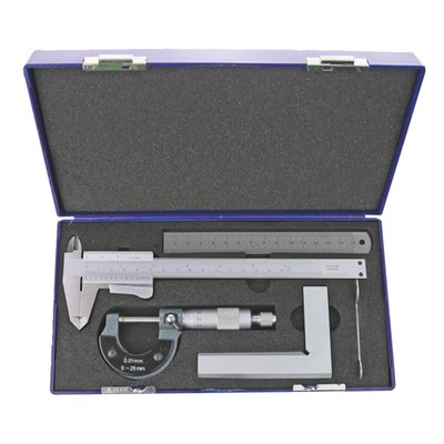 With auto lock caliper. 
Basic 4-piece measuring device set for use workshop use. Packed in sturdy plastic case with carrying handle to keep tools organized and protected. 
Includes: 
- 1 x Vernier caliper 150 mm, lock screw, 1/20mm, DIN 862 
- 1 x Micrometer 0 - 25 mm, DIN 863 
- 1 x Positioning square 100 x 70 mm, DIN 875/1 
- 1 x Stainless steel ruler 150 x 13 x 1 mm 
- Packed in 25cm wide x 13cm high x 4.5cm deep plastic case.