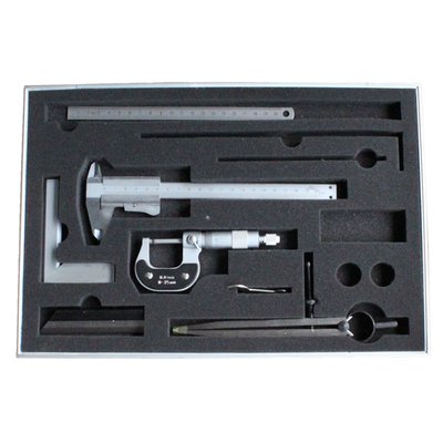 Basic 6-piece measuring device set for use workshop use. Packed in sturdy aluminum case with carrying handle to keep tools organized and protected. 
Includes: 
- 1 x Vernier caliper 150 mm, 1/20mm. DIN 842 
- 1 x Micrometer 0 - 25 mm. DIN 863 
- 1 x Positioning square 100 x 70 mm, DIN 875/1 
- 1 x Stainless teel ruler 150 x 13 x 1 mm 
- 1 x Knife edge straight edge 100 mm, DIN 874/0 
- 1 x Spring devider 150 mm 
Packed in 38cm wide x 26cm high x 5cm deep aluminum case.