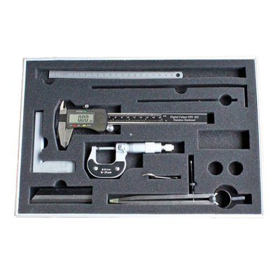 Basic 6-piece measuring device set for use workshop use. Packed in sturdy aluminum case with carrying handle to keep tools organized and protected. 
Includes: 
1 x 954358 digital caliper 150 mm,, DIN 842 
1 x 954311 micrometer 0 - 25 mm, DIN 863 
1 x Positioning square 100 x 70 mm, DIN 875/1 
1 x Stainless steel ruler 150 x 13 x 1 mm 
1 x Knife edge straight edge 100 mm, DIN 874/0 
1 x Spring divider 150 mm 
- Packed in 38cm wide x 26cm high x 5cm deep aluminum case.