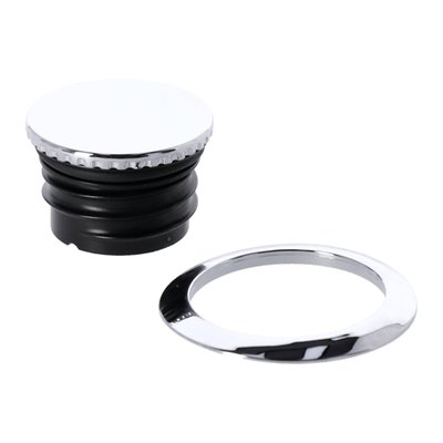 Low profile pop-up design, to replace the standard screw-in fuel cap. Installs with a screw-in insert that mounts in the tank. In this the pop-up gas cap is installed to allow a flush mount, super low profile. The trim ring is self-adhesive and give the finished touch. To open cap, just push for the filler cap to come up and screw filler cap open. Gives a good grip so works with or without gloves. 
Set includes insert, gas cap and trim ring.