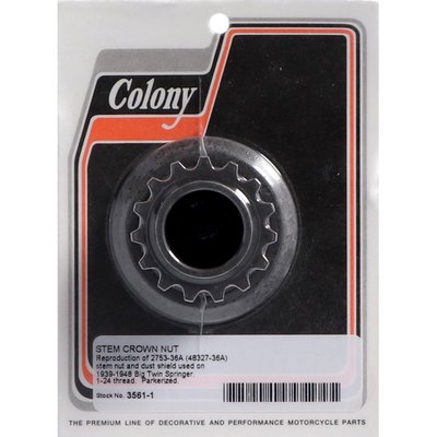 Reproduction of 2753-36A (48327-36A) Stem Nut and Dust Shield Kit used on 39-48 Springers. 1-24 Thread. Parkerized
